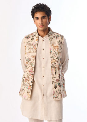 Manyavar Men Beige Cotton Kurta Jacket Set with Floral Printed