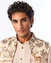 Manyavar Men Beige Cotton Kurta Jacket Set with Floral Printed
