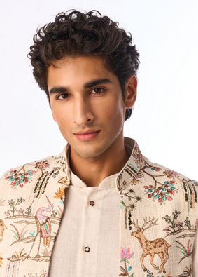 Manyavar Men Beige Cotton Kurta Jacket Set with Floral Printed