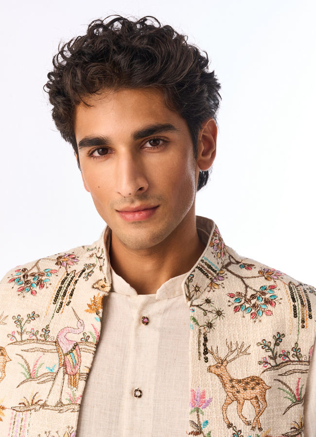 Manyavar Men Beige Cotton Kurta Jacket Set with Floral Printed