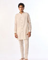 Manyavar Men Beige Cotton Kurta Jacket Set with Floral Printed