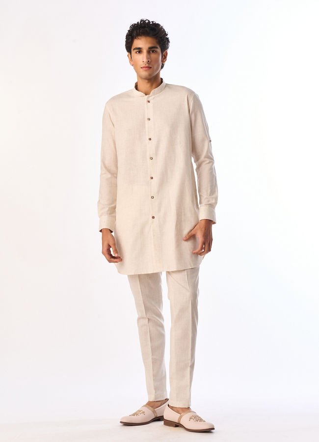 Manyavar Men Beige Cotton Kurta Jacket Set with Floral Printed
