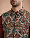 Manyavar Men Maroon Blended Viscose Kurta Jacket Set with Print