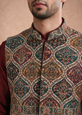 Manyavar Men Maroon Blended Viscose Kurta Jacket Set with Print