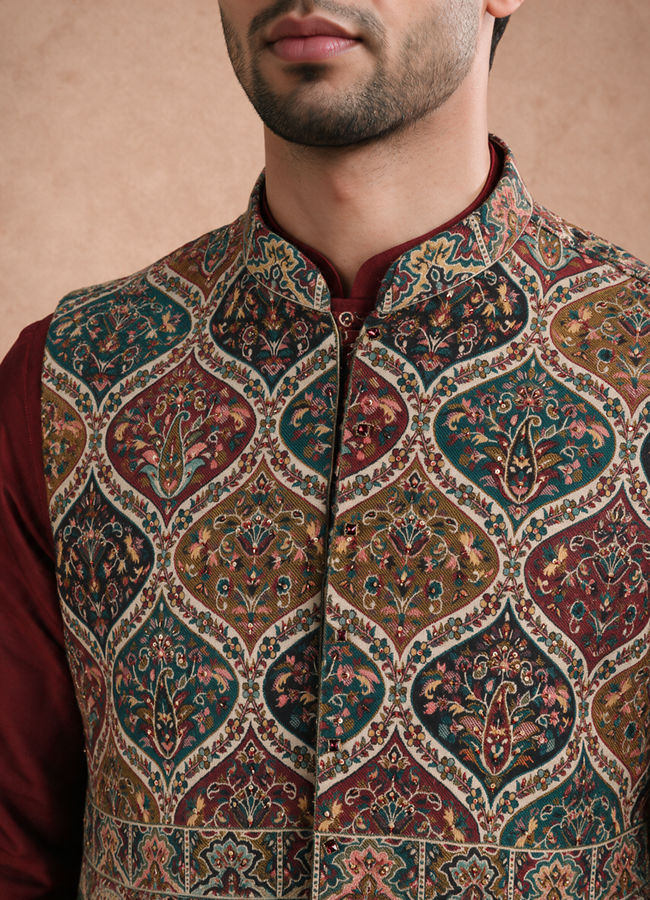 Manyavar Men Maroon Blended Viscose Kurta Jacket Set with Print