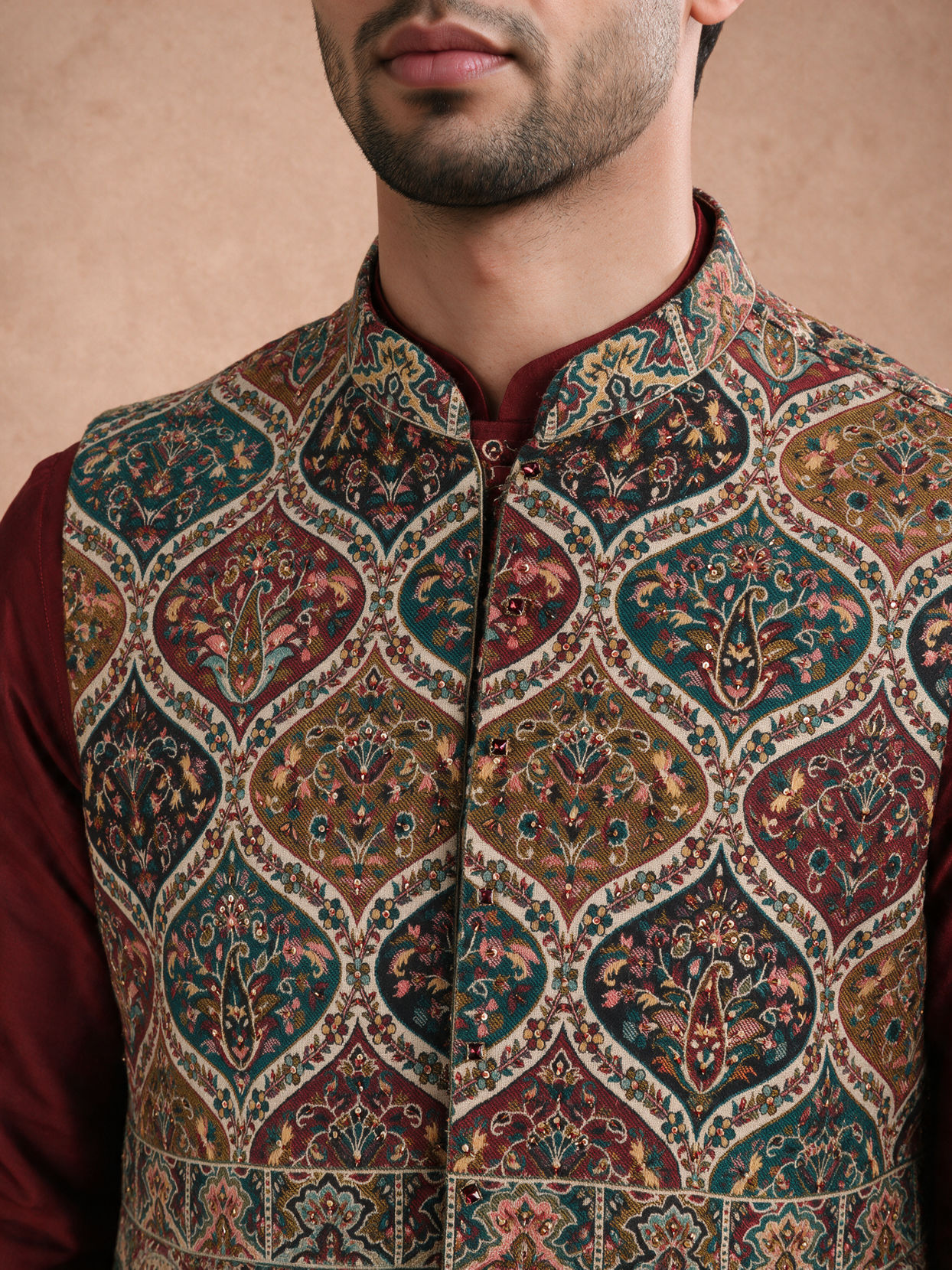 Manyavar Men Maroon Blended Viscose Kurta Jacket Set with Print