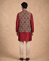 Manyavar Men Maroon Blended Viscose Kurta Jacket Set with Print