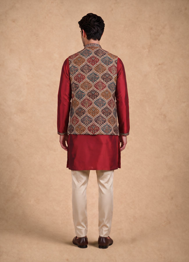 Manyavar Men Maroon Blended Viscose Kurta Jacket Set with Print