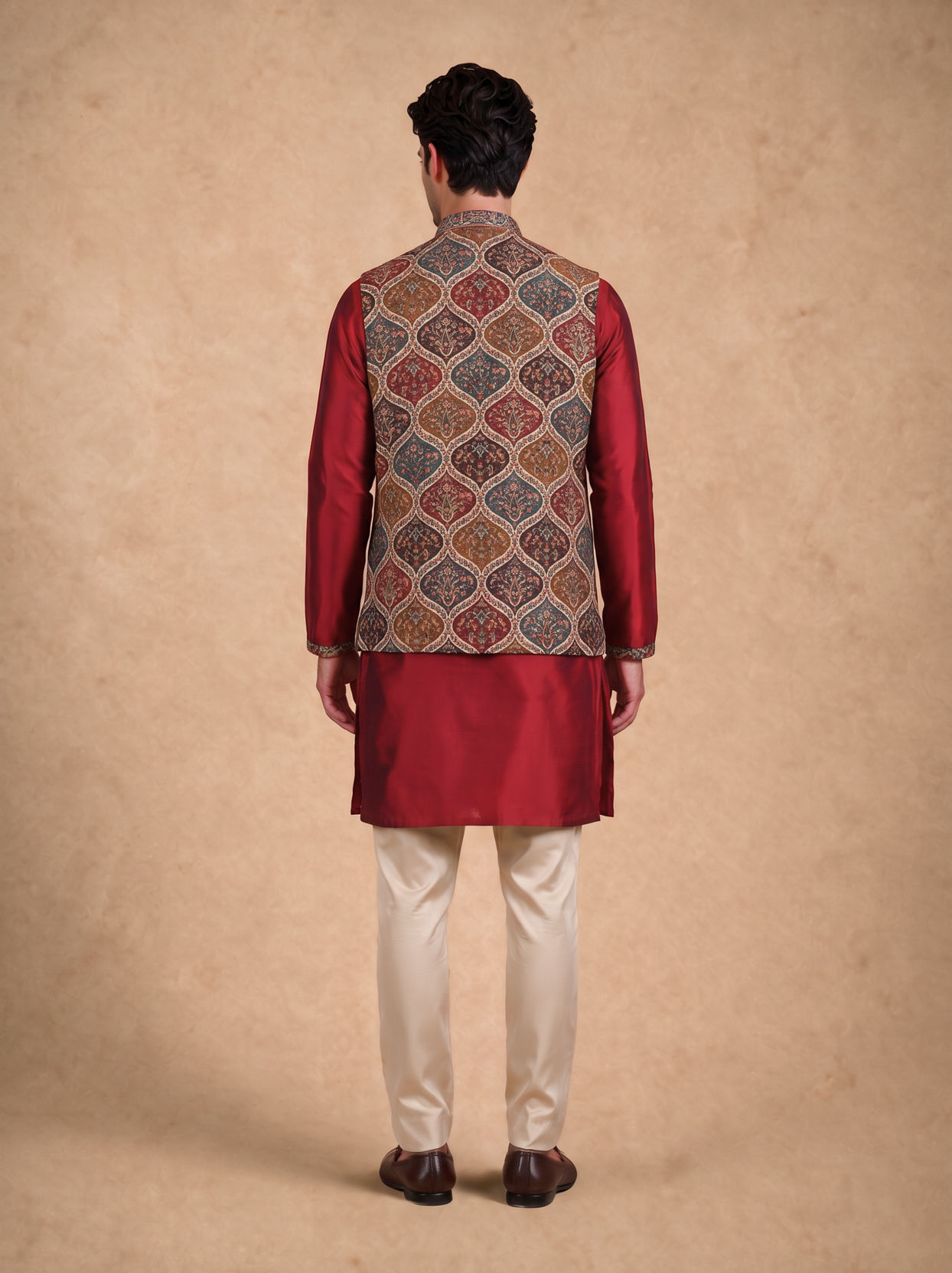 Manyavar Men Maroon Blended Viscose Kurta Jacket Set with Print