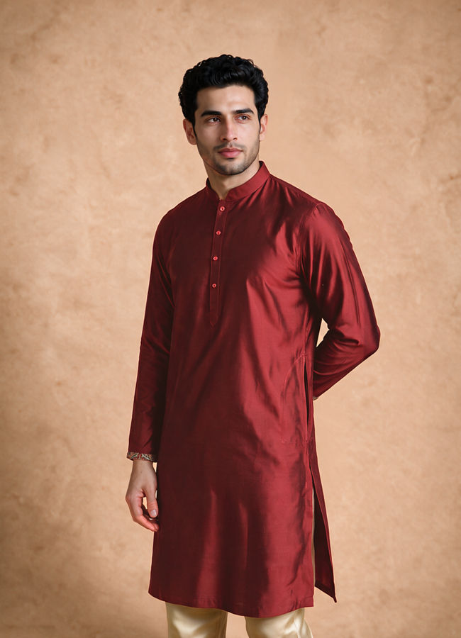 Manyavar Men Maroon Blended Viscose Kurta Jacket Set with Print