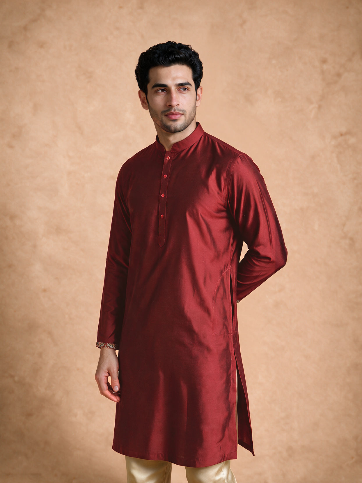 Manyavar Men Maroon Blended Viscose Kurta Jacket Set with Print