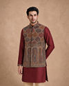 Manyavar Men Maroon Blended Viscose Kurta Jacket Set with Print