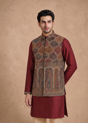Manyavar Men Maroon Blended Viscose Kurta Jacket Set with Print