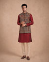 Manyavar Men Maroon Blended Viscose Kurta Jacket Set with Print