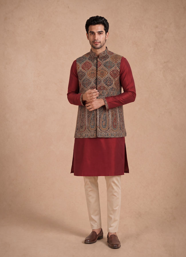 Manyavar Men Maroon Blended Viscose Kurta Jacket Set with Print