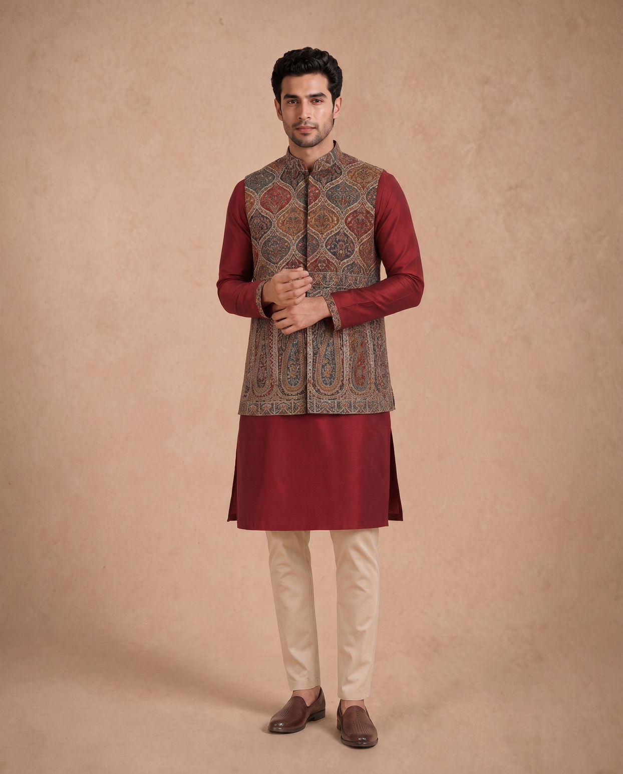 Manyavar Men Maroon Blended Viscose Kurta Jacket Set with Print