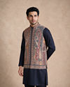 Manyavar Men Teal Blue Blended Viscose Kurta Jacket Set with Embroidery