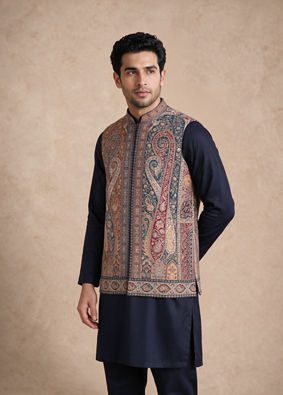 Manyavar Men Teal Blue Blended Viscose Kurta Jacket Set with Embroidery