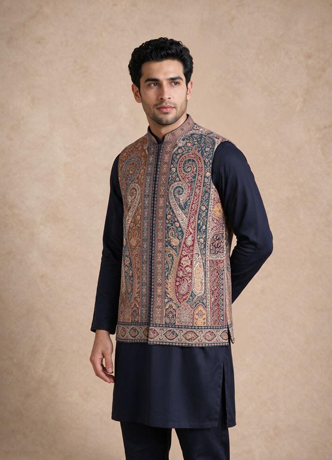 Manyavar Men Teal Blue Blended Viscose Kurta Jacket Set with Embroidery