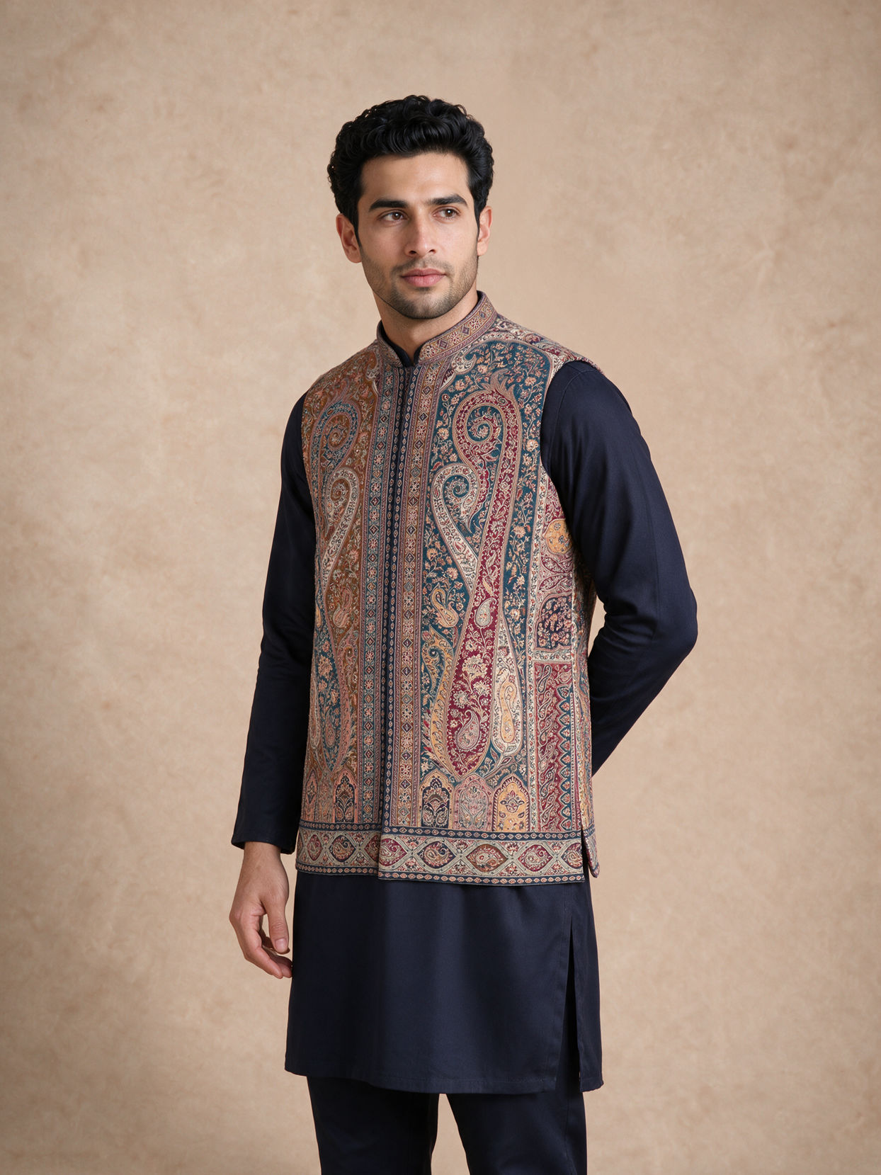 Manyavar Men Teal Blue Blended Viscose Kurta Jacket Set with Embroidery
