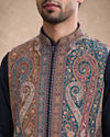 Manyavar Men Teal Blue Blended Viscose Kurta Jacket Set with Embroidery