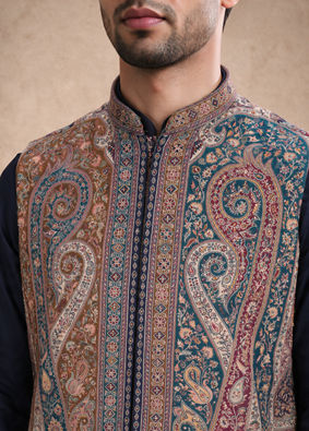 Manyavar Men Teal Blue Blended Viscose Kurta Jacket Set with Embroidery
