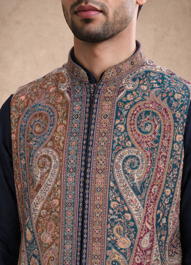 Manyavar Men Teal Blue Blended Viscose Kurta Jacket Set with Embroidery