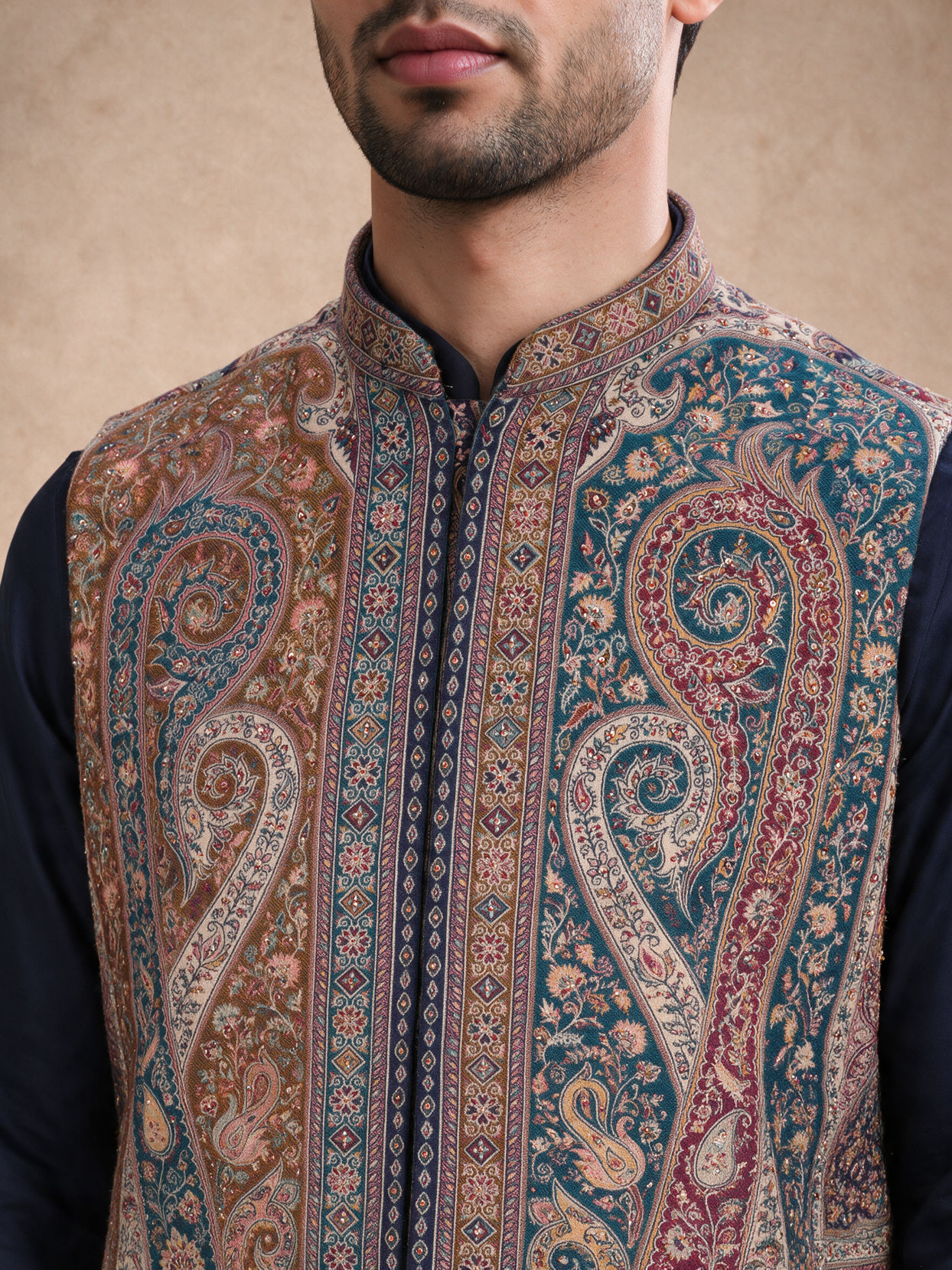 Manyavar Men Teal Blue Blended Viscose Kurta Jacket Set with Embroidery