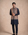 Manyavar Men Teal Blue Blended Viscose Kurta Jacket Set with Embroidery