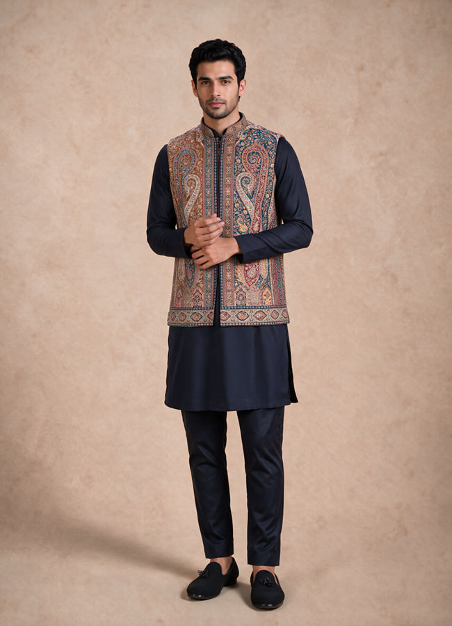 Manyavar Men Teal Blue Blended Viscose Kurta Jacket Set with Embroidery