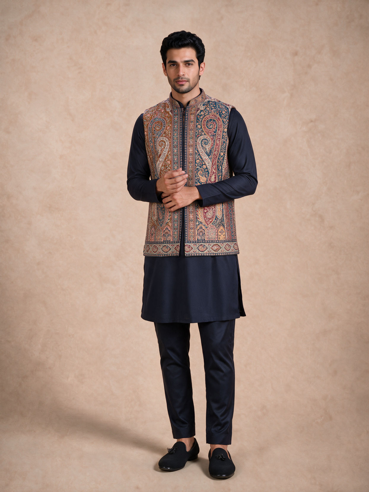 Manyavar Men Teal Blue Blended Viscose Kurta Jacket Set with Embroidery