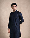 Manyavar Men Teal Blue Blended Viscose Kurta Jacket Set with Embroidery