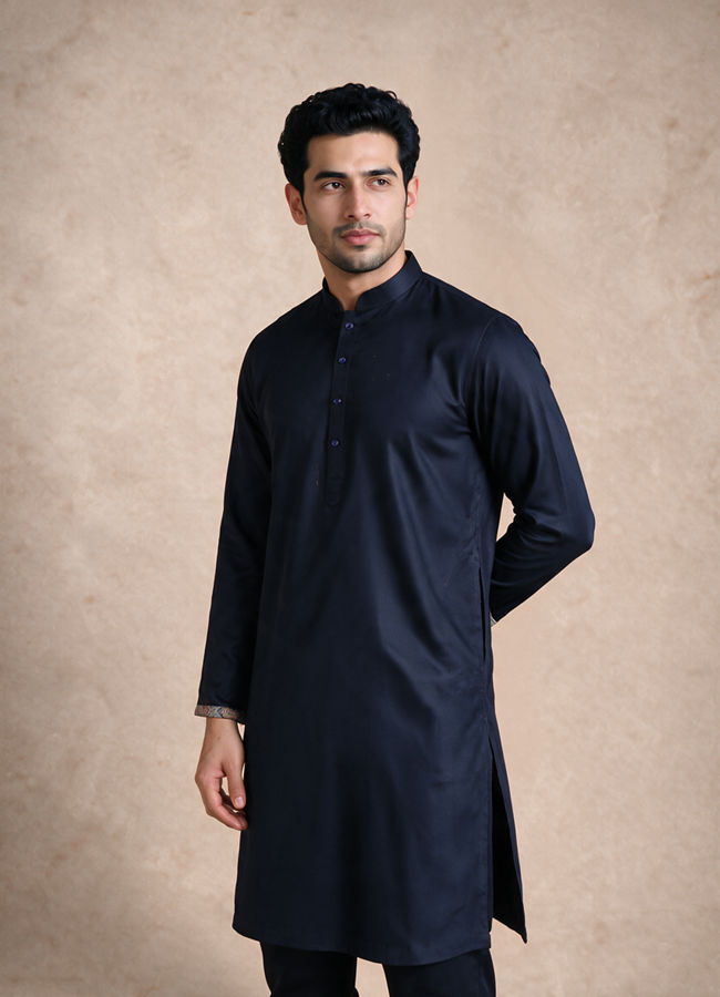 Manyavar Men Teal Blue Blended Viscose Kurta Jacket Set with Embroidery