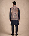 Manyavar Men Teal Blue Blended Viscose Kurta Jacket Set with Embroidery