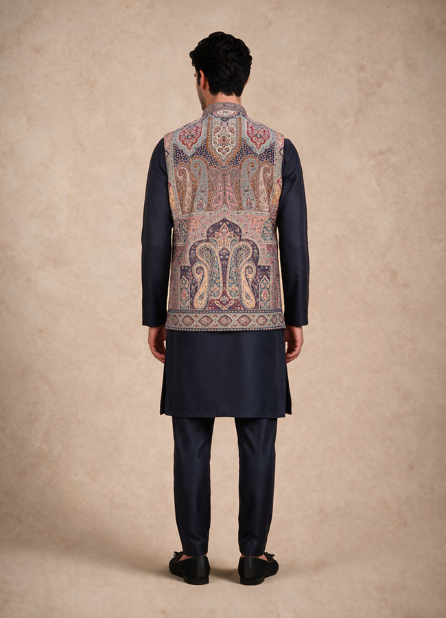 Manyavar Men Teal Blue Blended Viscose Kurta Jacket Set with Embroidery