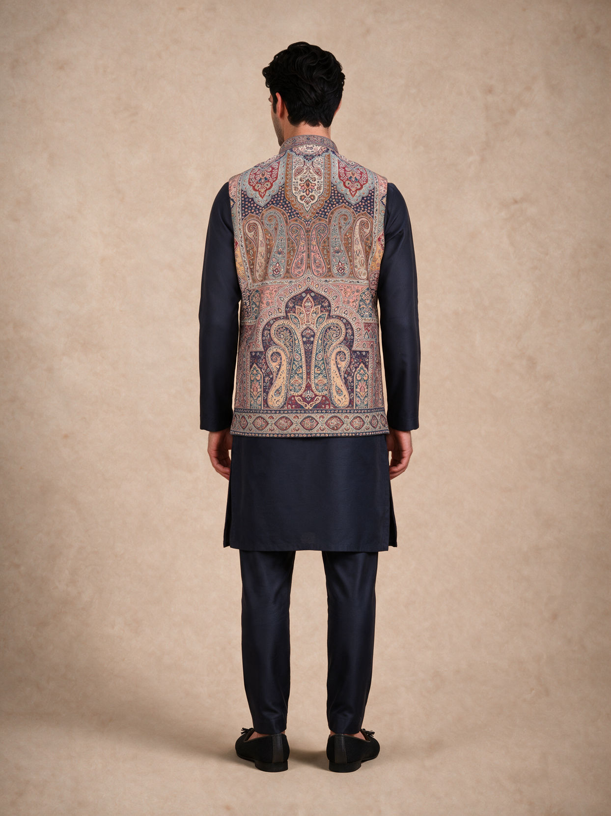 Manyavar Men Teal Blue Blended Viscose Kurta Jacket Set with Embroidery