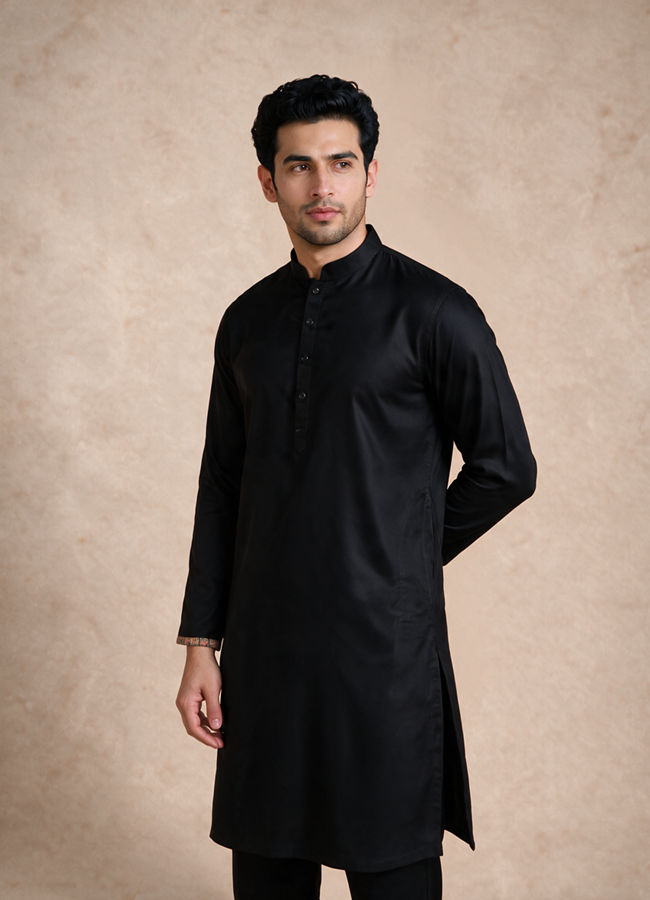 Manyavar Men Black Blended Viscose Kurta Jacket Set with Embroidery