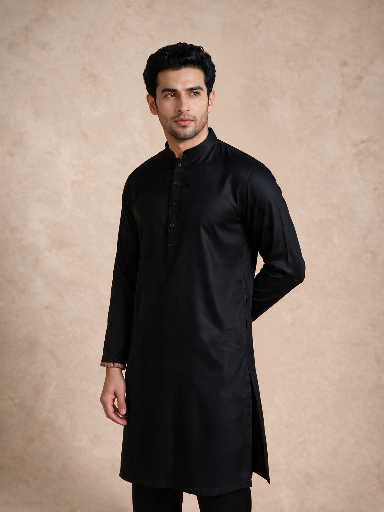 Manyavar Men Black Blended Viscose Kurta Jacket Set with Embroidery