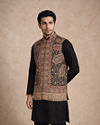 Manyavar Men Black Blended Viscose Kurta Jacket Set with Embroidery