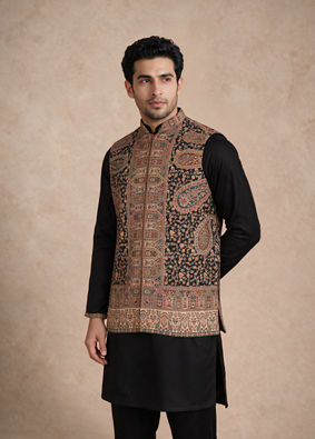 Manyavar Men Black Blended Viscose Kurta Jacket Set with Embroidery