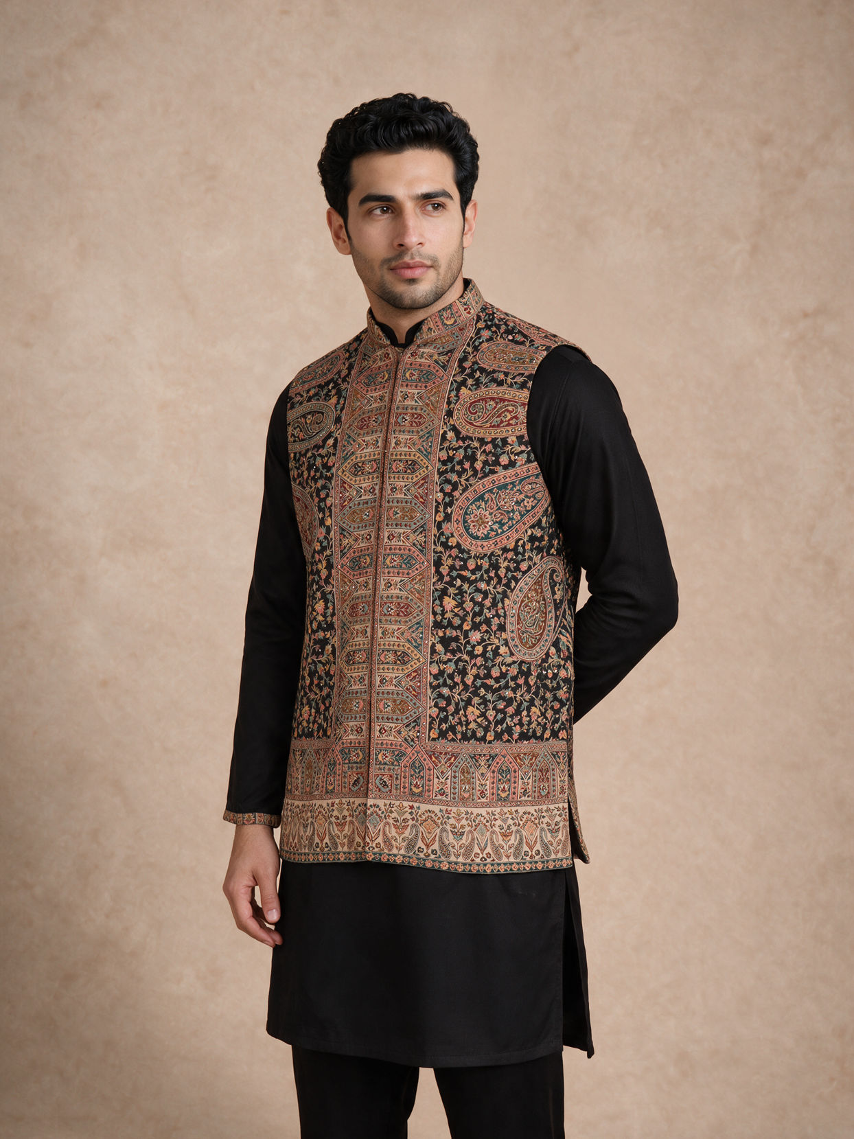 Manyavar Men Black Blended Viscose Kurta Jacket Set with Embroidery