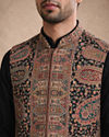 Manyavar Men Black Blended Viscose Kurta Jacket Set with Embroidery