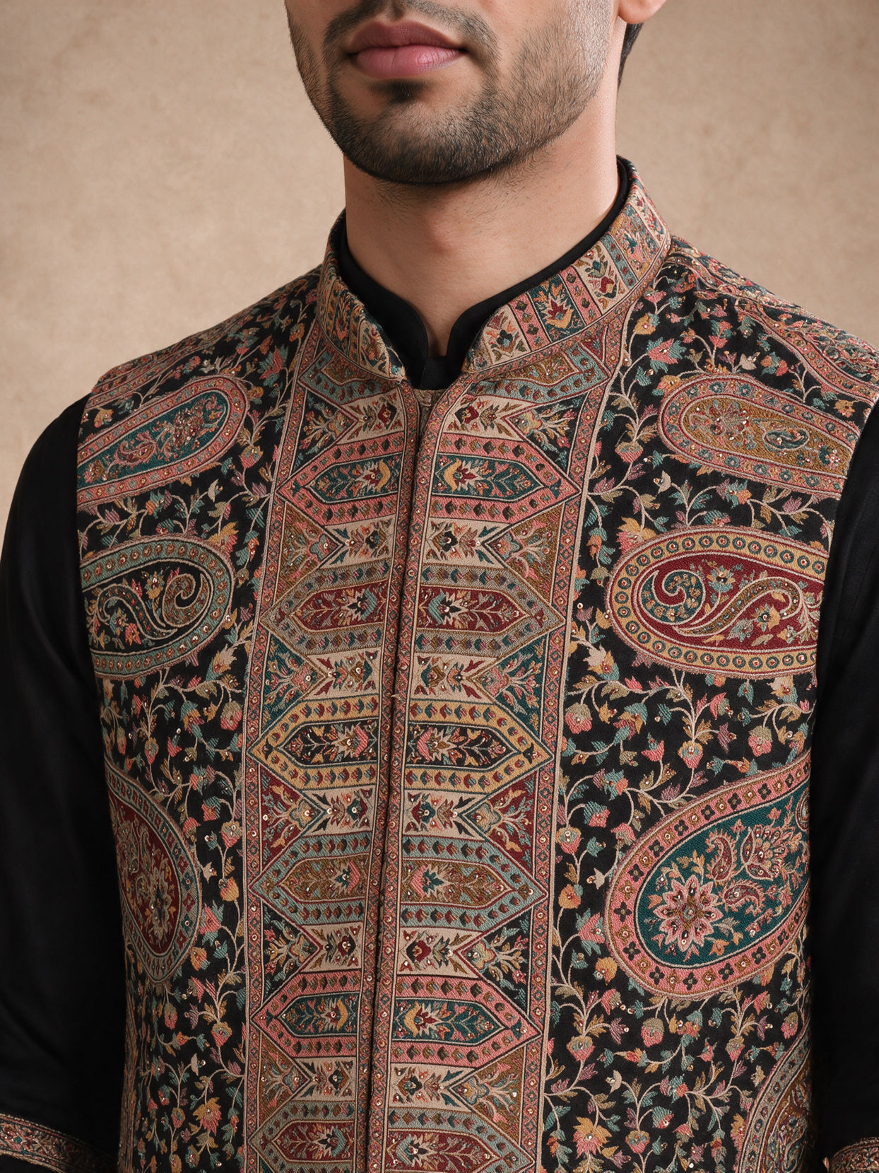 Manyavar Men Black Blended Viscose Kurta Jacket Set with Embroidery