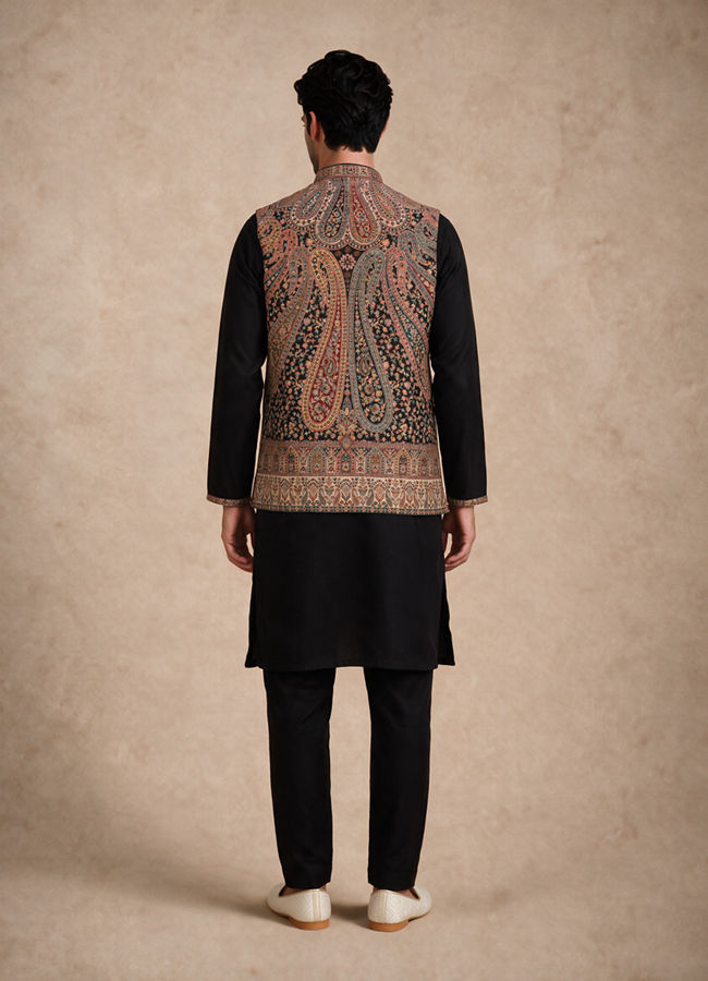 Manyavar Men Black Blended Viscose Kurta Jacket Set with Embroidery
