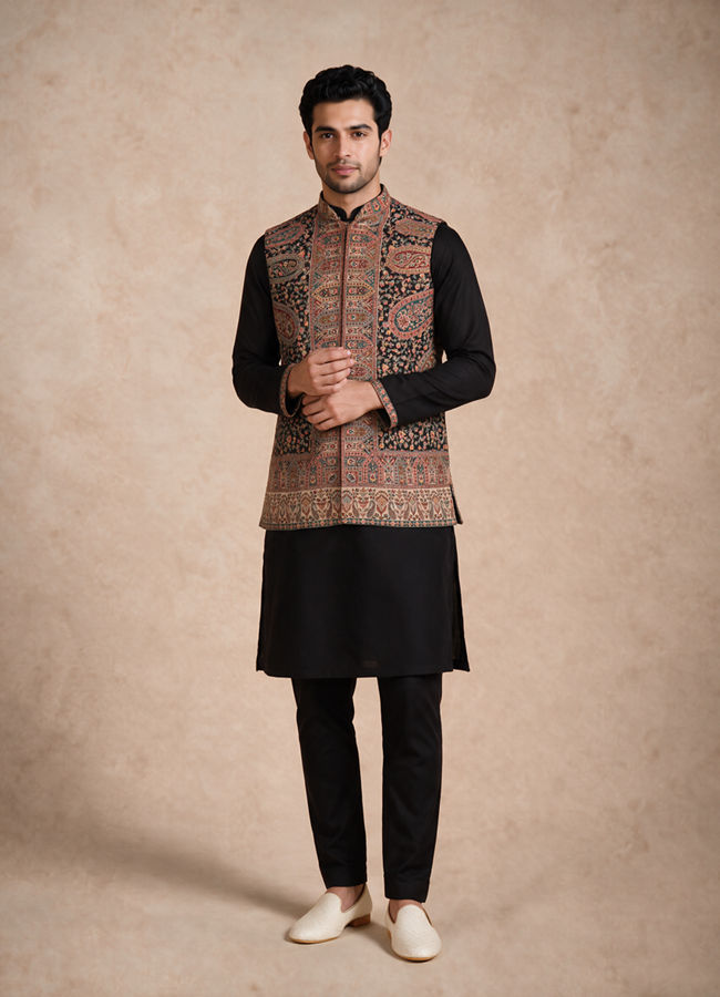 Manyavar Men Black Blended Viscose Kurta Jacket Set with Embroidery