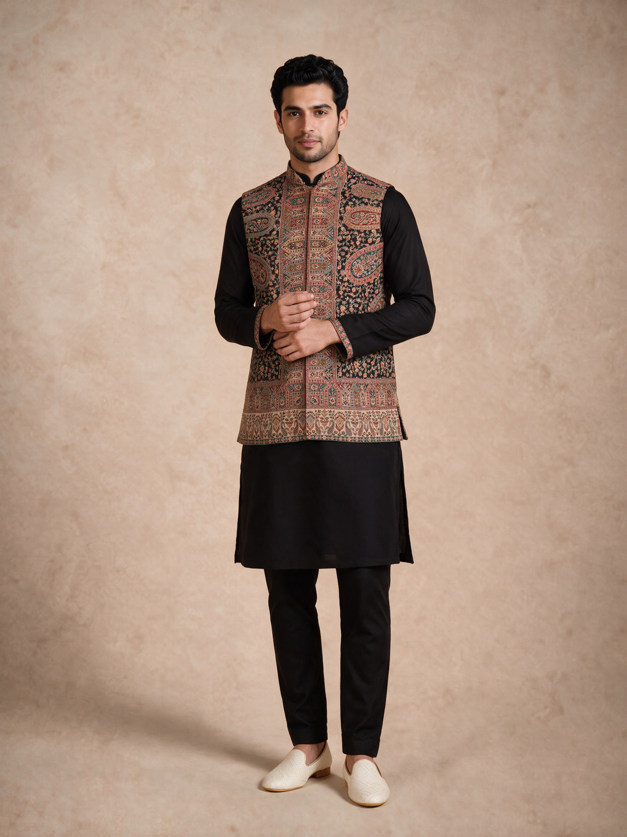 Manyavar Men Black Blended Viscose Kurta Jacket Set with Embroidery