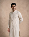 Manyavar Men Beige Cotton Kurta Jacket Set with Embroidery