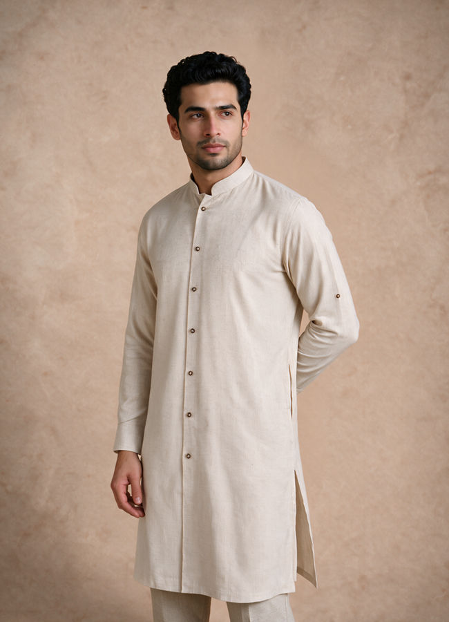 Manyavar Men Beige Cotton Kurta Jacket Set with Embroidery