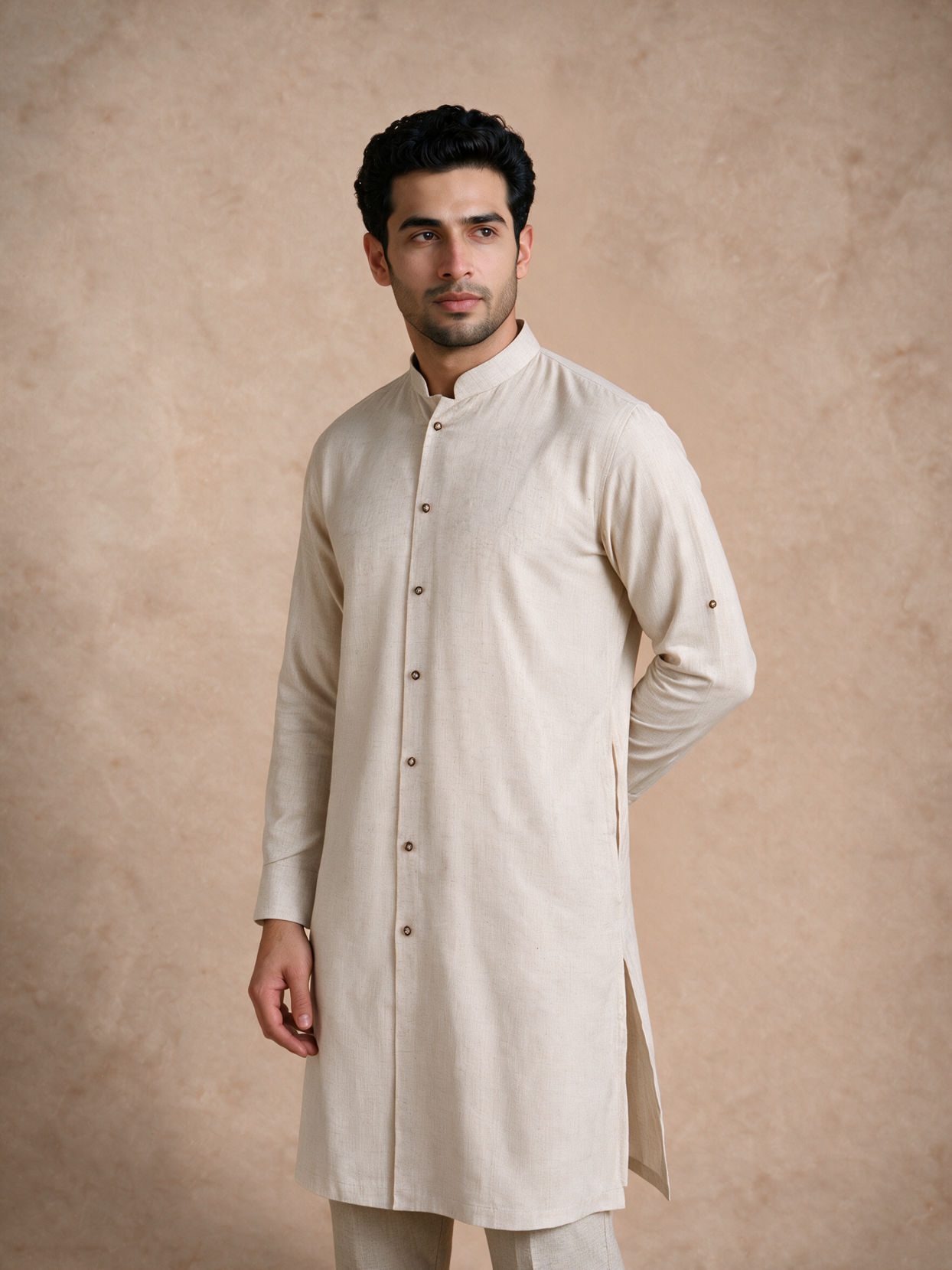 Manyavar Men Beige Cotton Kurta Jacket Set with Embroidery