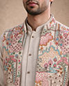 Manyavar Men Beige Cotton Kurta Jacket Set with Embroidery
